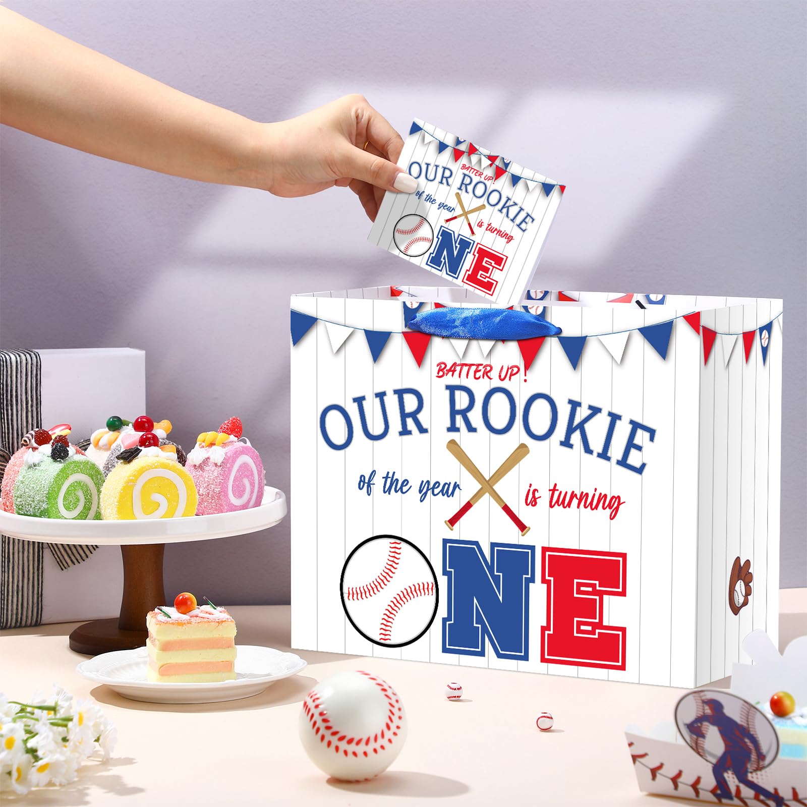 Large Baseball 1st Birthday Gift Bags with Card Tissue Paper 1st Birthday Gift Wrapping Bags Rookie of The Year Baseball First One Year Old Birthday Decorations Boys Girls Christmas Baby Shower Sport Party Supplies