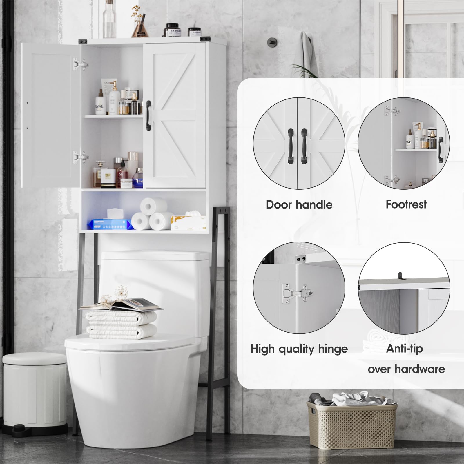 Over Toilet Storage with 2-Door Design Over The Toilet Storage Cabinet with Shelves Bathroom Organizers and Storage with Anti-Tip Device Over Toilet Organizer for Bathroom,Restroom,Laundry White