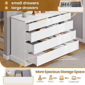 DICTAC 8 Drawers Dresser for Bedroom, White Large Chest of Drawers, Long Modern Double Dressers, Big Clothing Storage Organizer Closet with Ample Space, 51.6''L x 15.7''D x 37.7''H