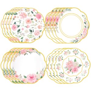 48 pcs floral paper plates 9 inch flower disposable party plates pink floral dinner plates wedding gold foil edge plate tea party decoration for bridal shower baby shower birthday