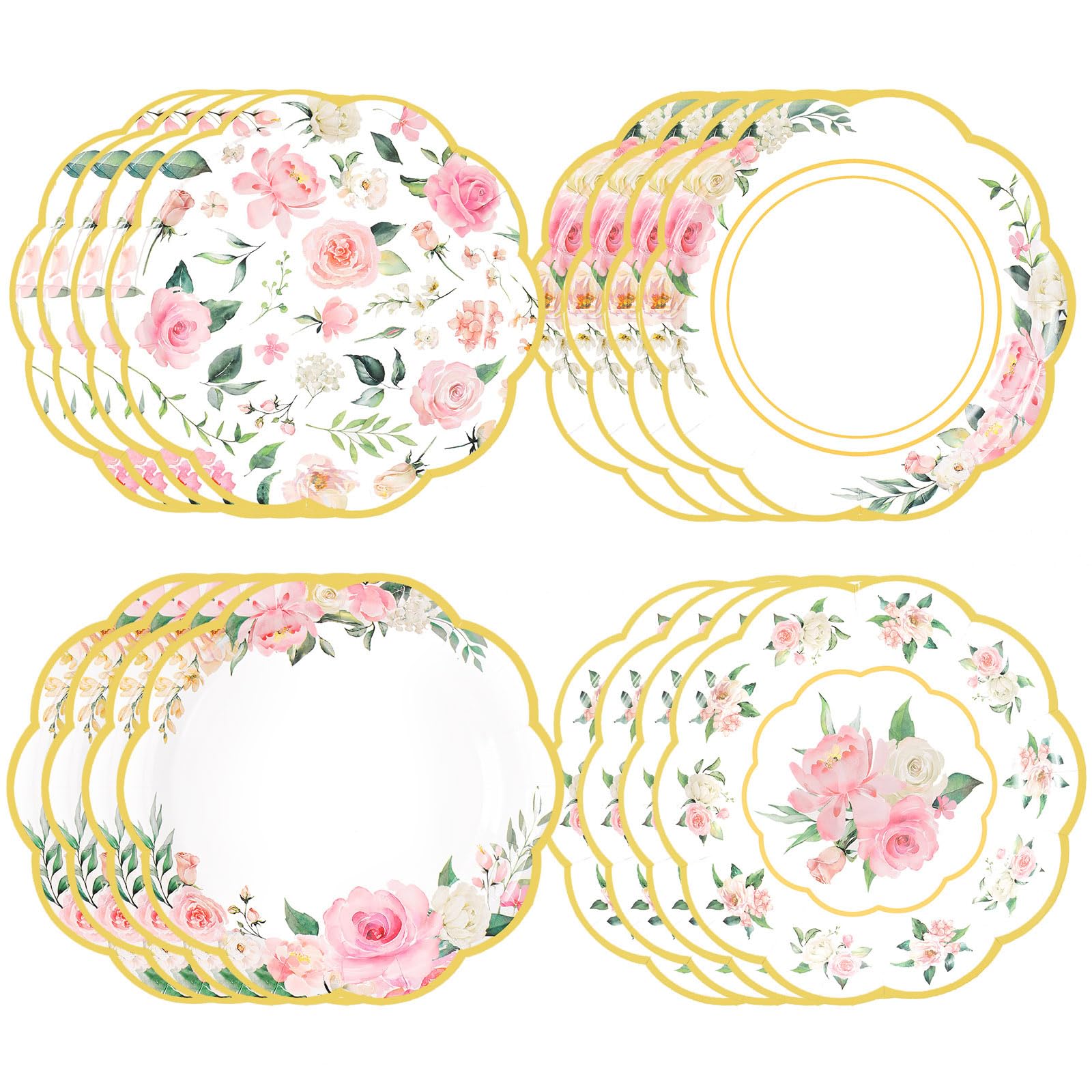 48 Pcs Floral Paper Plates 9 Inch Flower Disposable Party Plates Pink Floral Dinner Plates Wedding Gold Foil Edge Plate Tea Party Decoration for Bridal Shower Baby Shower Birthday