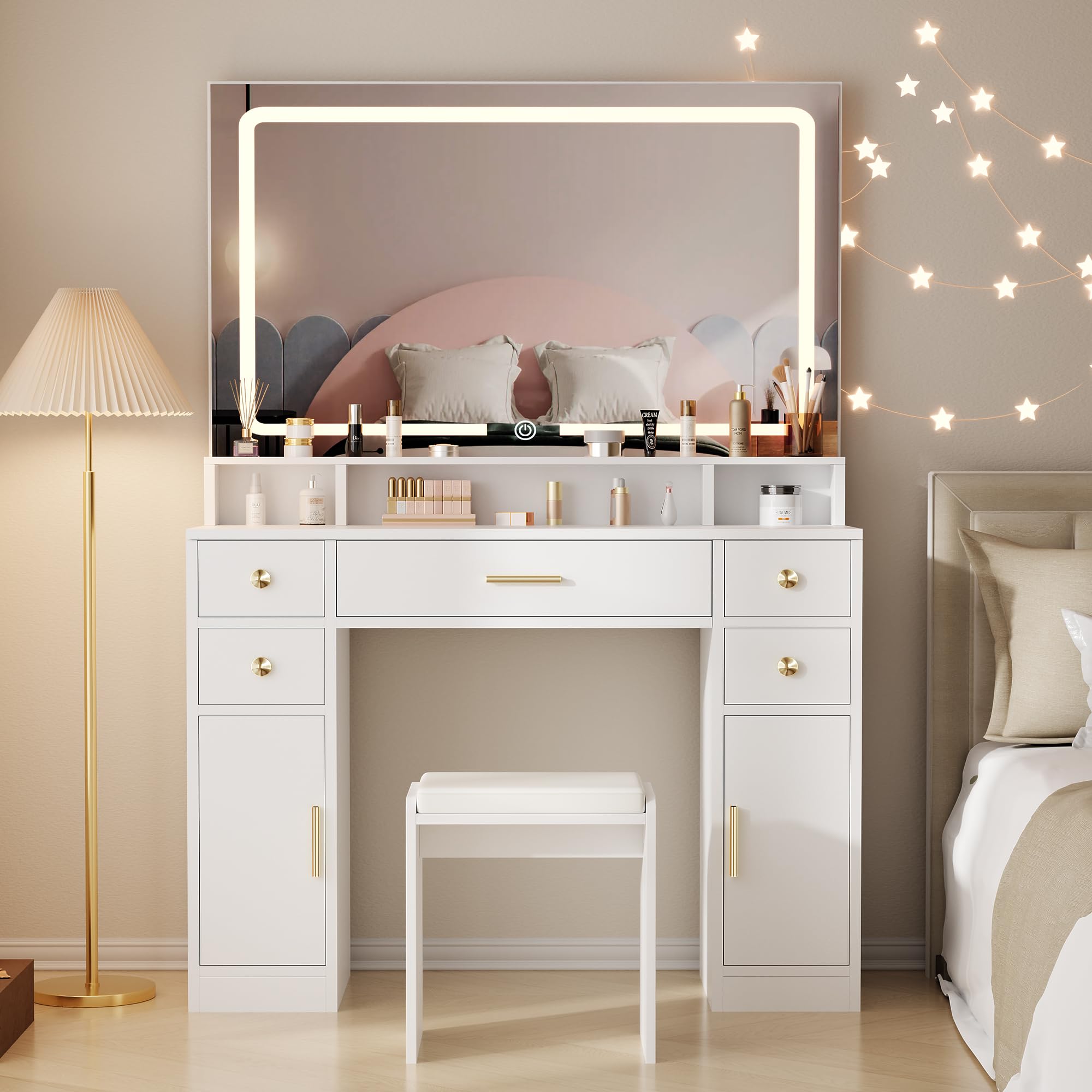 ANWBROAD Vanity Desk Set with Large LED Lighted Mirror Power Outlet Makeup Vanity Table 3 Color Lighting Modes Dressing Table with 5 Drawers and 2 Cabinets Cushioned Stool for Bedroom, White UBDT57W