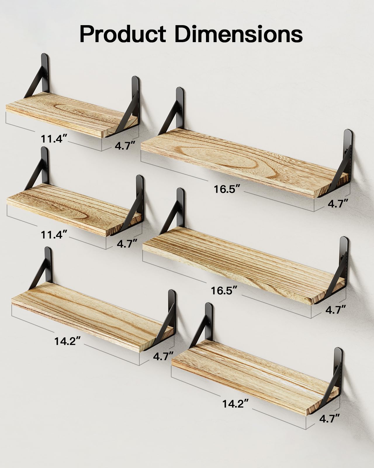 AMADA HOMEFURNISHING Wall Shelves Set of 6, Wood Floating Shelves for Wall Decor, Rustic Farmhouse Wall Shelves for Bedroom, Bathroom Shelves for Wall Storage, Book Shelves for Living Room, Wooden