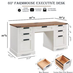 RedLemon 60" Farmhouse Executive Desk with Drawers, Wood Home Office Desk w/Charging Station, Keyboard Tray, File Drawer, Storage Cabinet, Rustic Computer Writing Desk (Antique White)