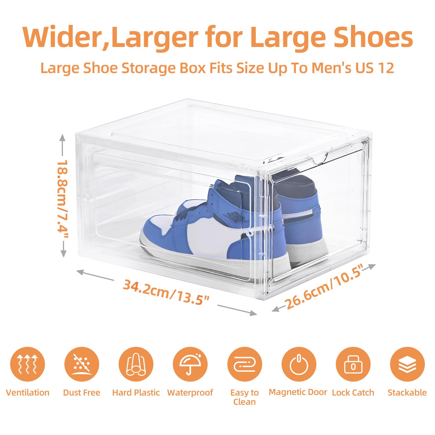 Uni HIMO Drop Front Shoe Box with Clear Door,6 pack Plastic Shoe Boxes Stackable,Thicken & Sturdy Organizer Containers For Sneakers,Fit up to US Size 12(13.5”x 10.5”x 7.4”)