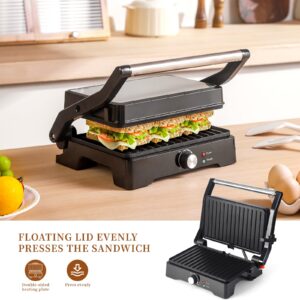 UVFAST Panini Press Grill Sandwich Maker, Large Electric 3 in 1 Panini Sandwich Maker Grill, Open 180 Degrees for Grill Indoor, Perfect for Grilling Steaks, Burger, Sandwich,Non-stick Pan, Black