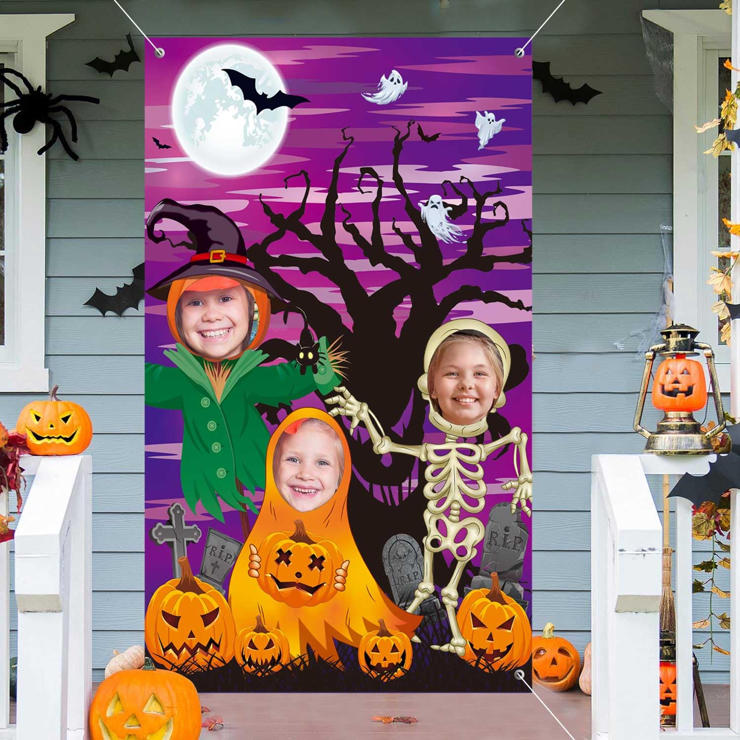 Halloween Door Decorations Backdrop Halloween Photo Door Banner Pumpkin Head Scarecrow Ghosts Skeletons Hole in Face Party Prop Halloween Photography Background Halloween Theme Party Supplies