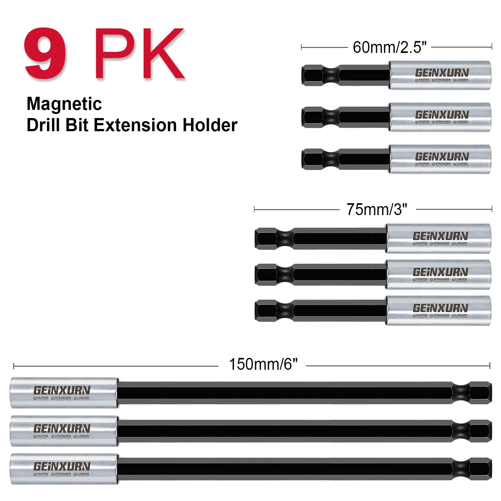 Geinxurn 9Pc Cr-V Screwdriver Bit Holders, Extension Socket Drill Bit Magnetic Holder Hex Shank Quick-Change Drill Bit Guide (2.5”3”6”)