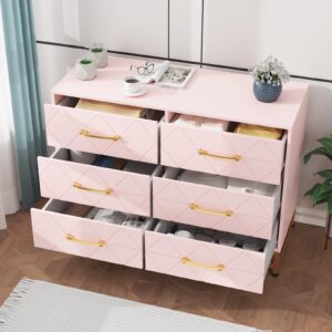 Dresser for Bedroom with 6 Drawers, Modern Wood Dresser for Closet, Chest of Drawers for Bedroom, Nursery, Living Room, Hallway, Pink