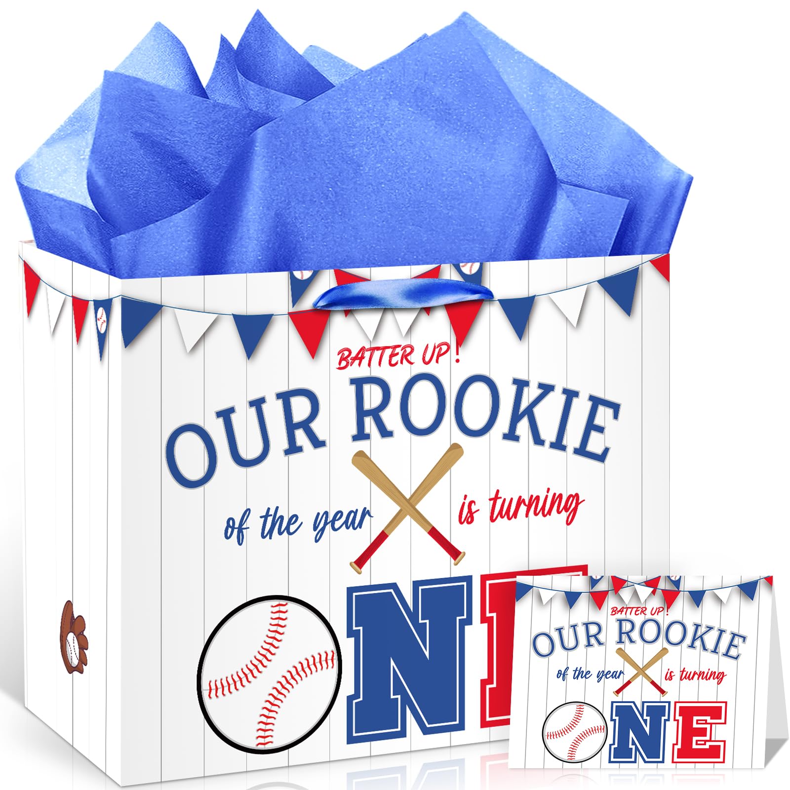 Large Baseball 1st Birthday Gift Bags with Card Tissue Paper 1st Birthday Gift Wrapping Bags Rookie of The Year Baseball First One Year Old Birthday Decorations Boys Girls Christmas Baby Shower Sport Party Supplies