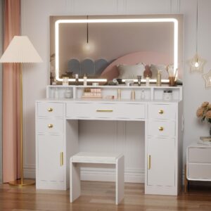 ANWBROAD Vanity Desk Set with Large LED Lighted Mirror Power Outlet Makeup Vanity Table 3 Color Lighting Modes Dressing Table with 5 Drawers and 2 Cabinets Cushioned Stool for Bedroom, White UBDT57W