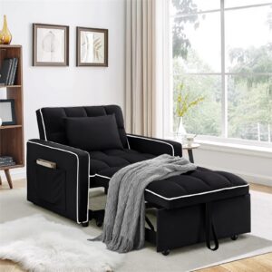 Sleeper Chair, 3 in 1 Convertible Chair Bed,Velvet Tufted Upholstered Single Pullout Sofa Chair Bed with Adjustable Backrest&Side Pockets,Recliner Lounger Bed for Living Room/Office/Small Space(Black)