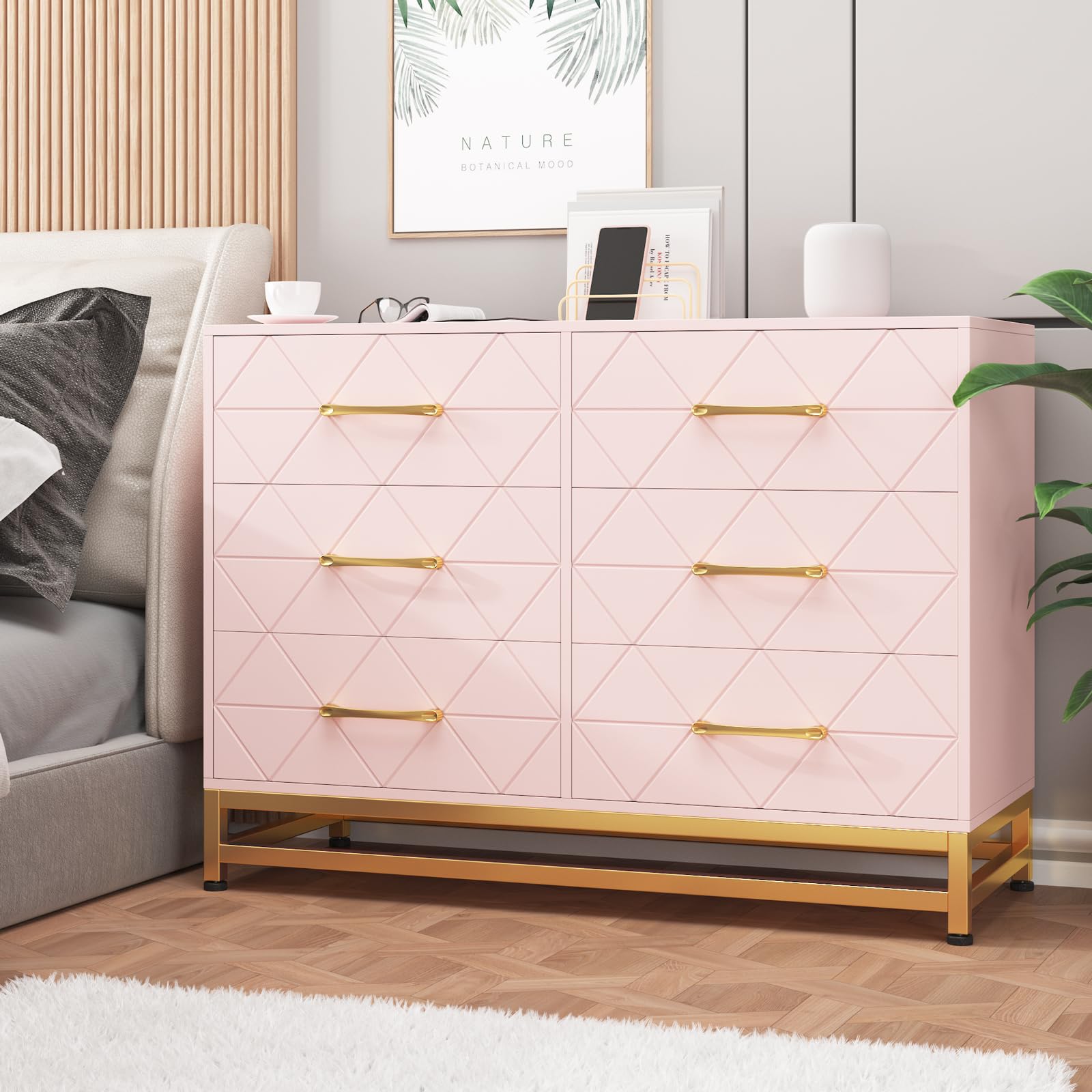 Dresser for Bedroom with 6 Drawers, Modern Wood Dresser for Closet, Chest of Drawers for Bedroom, Nursery, Living Room, Hallway, Pink