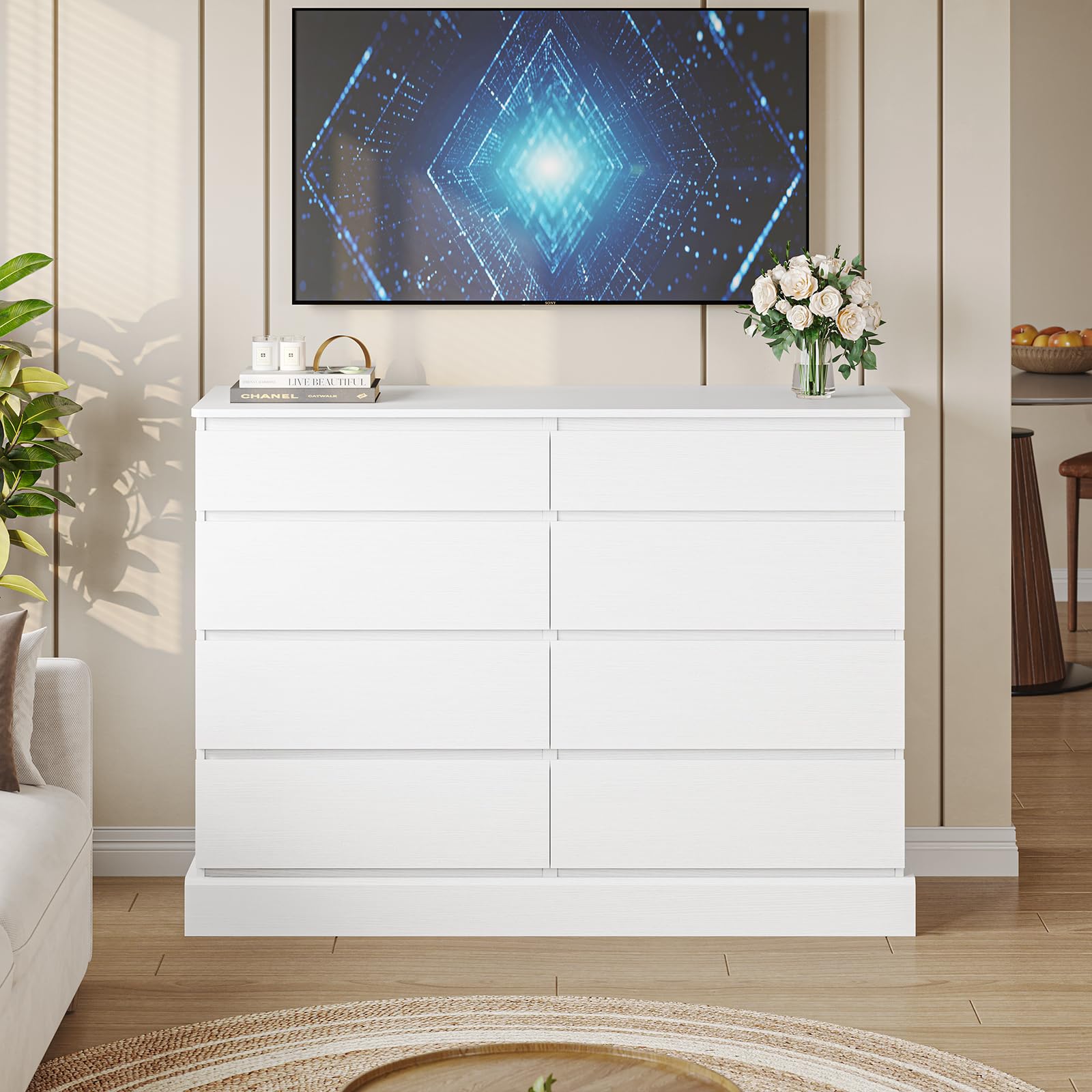 DICTAC 8 Drawers Dresser for Bedroom, White Large Chest of Drawers, Long Modern Double Dressers, Big Clothing Storage Organizer Closet with Ample Space, 51.6''L x 15.7''D x 37.7''H