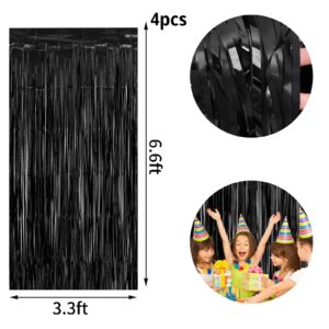 4 Pack Black Foil Fringe Curtain, Black Tinsel Backdrop, 3.3×6.6 FT Black Fringe Backdrop, Black Streamers Party Backdrop Decorations for Halloween Birthday Graduation Weedding Party Decoratios