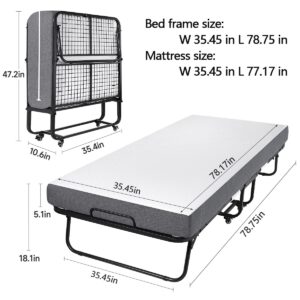 Folding Bed, (with 5.2" Thick Memory Foam Mattress), 79 * 35inch, Portable Foldable Adult with Mattress for Guest use, Metal Folding Frame, Reinforced Metal mesh, can Hold up to 550 lbs (Tau-ZDD)