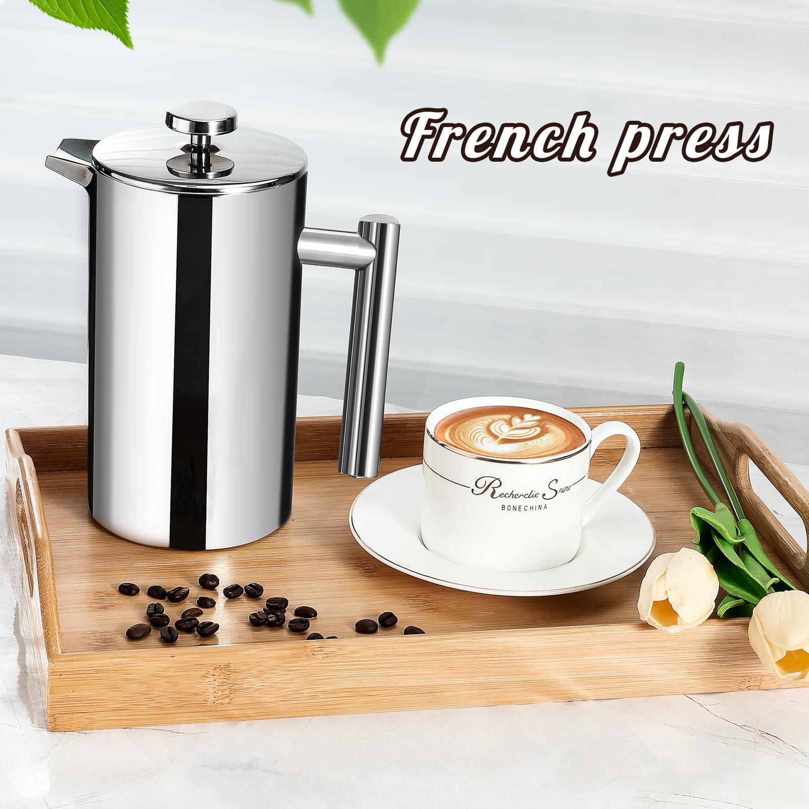 Mongdio French Press Coffee Maker, 34 Ounce (1 Litre) French Press Stainless Steel with 3 Filter, Double Wall Insulated, Easy to Clean, For Home Camping Travel Gifts