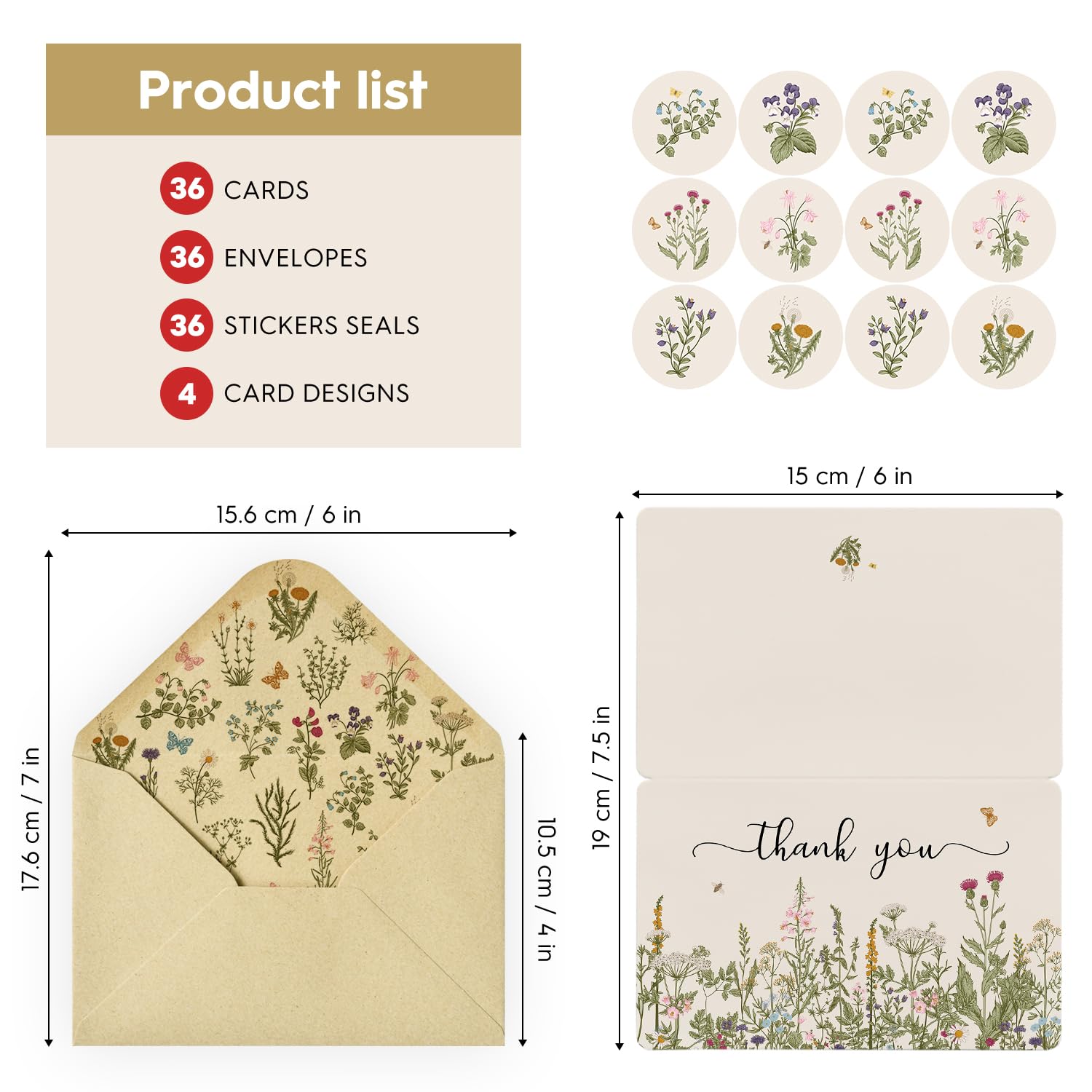 Artoid Mode 36 Pack Leaves Wildflower Thank You Cards Floral Greeting Cards Gift With Envelope Sticker Blank Note Cards for Birthday Wedding Baby Shower Bridal Shower, 4 x 6 Inch