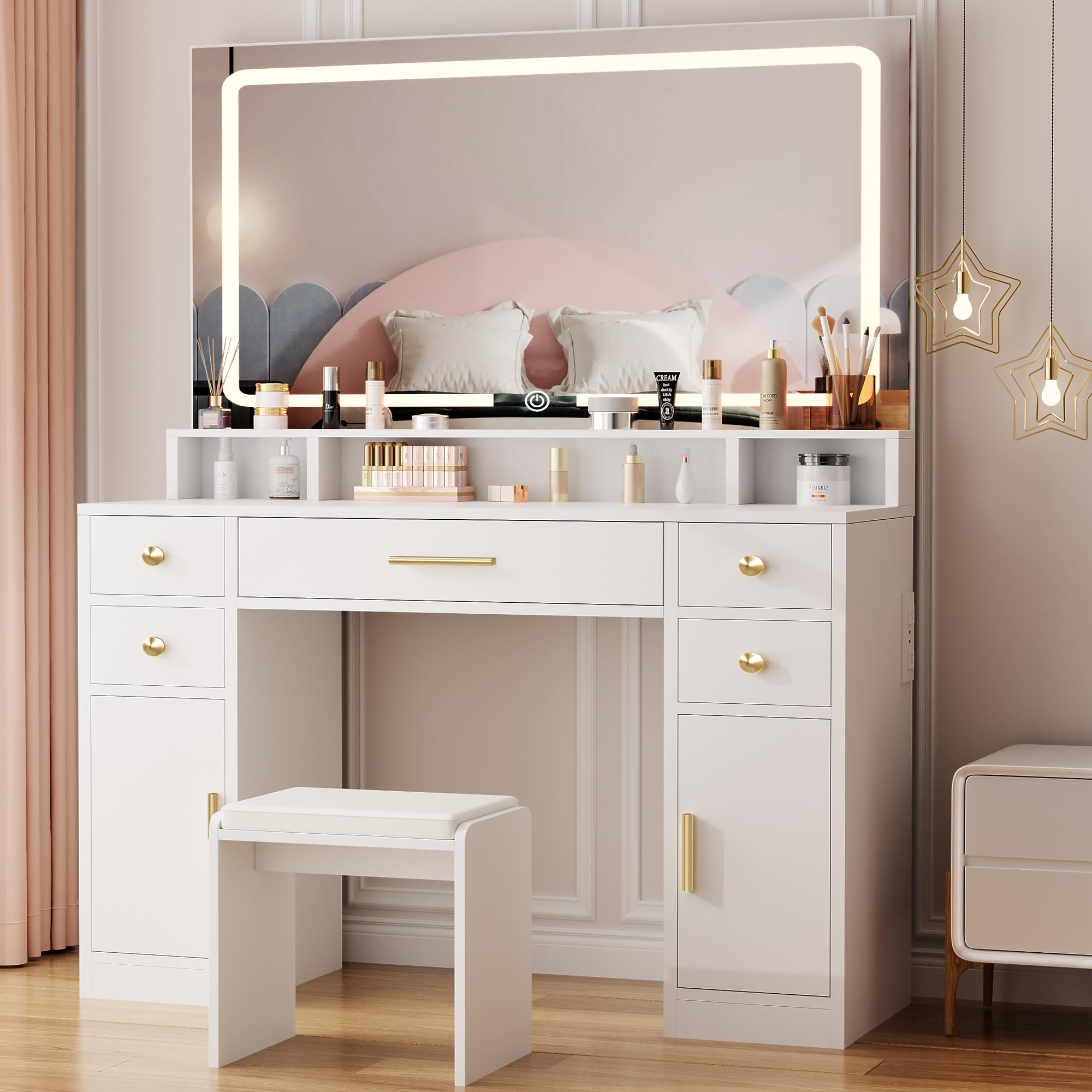 ANWBROAD Vanity Desk Set with Large LED Lighted Mirror Power Outlet Makeup Vanity Table 3 Color Lighting Modes Dressing Table with 5 Drawers and 2 Cabinets Cushioned Stool for Bedroom, White UBDT57W