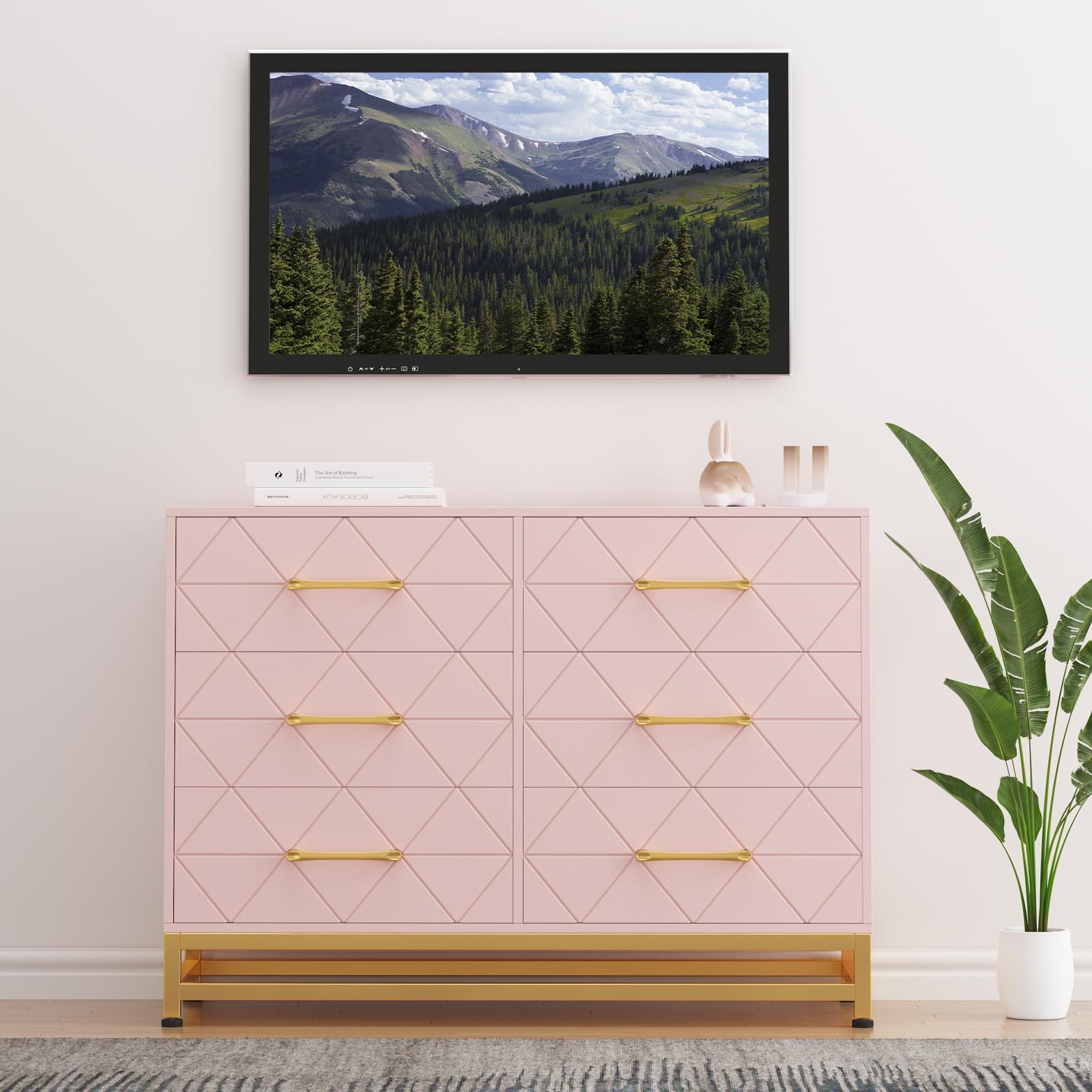 Dresser for Bedroom with 6 Drawers, Modern Wood Dresser for Closet, Chest of Drawers for Bedroom, Nursery, Living Room, Hallway, Pink