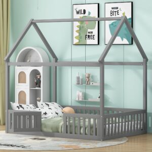 meritline house bed floor bed frames for kids,wood full size montessori floor bed with fence and door design, full floor bed with rails for baby girls boys, grey