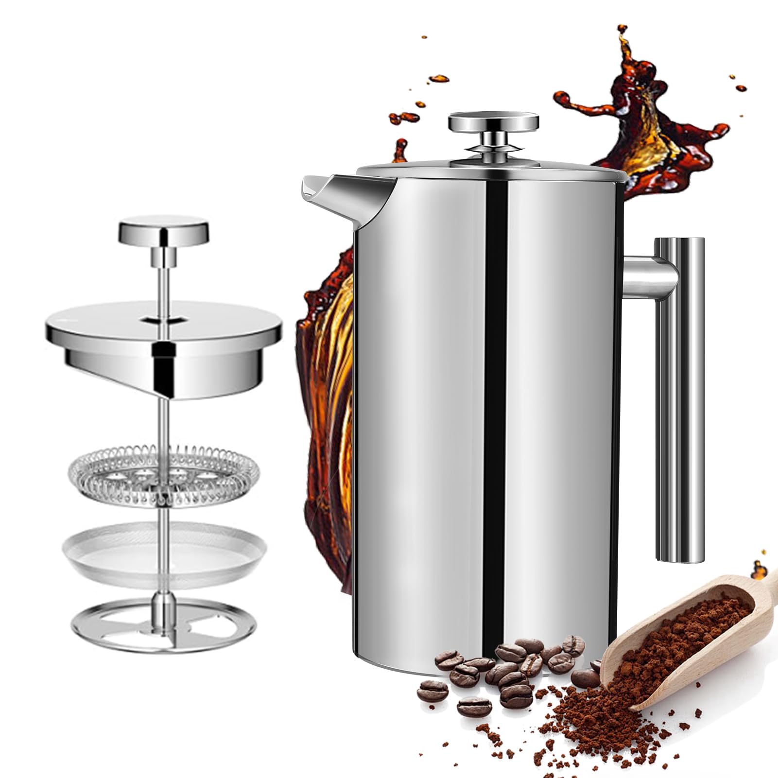 Mongdio French Press Coffee Maker, 34 Ounce (1 Litre) French Press Stainless Steel with 3 Filter, Double Wall Insulated, Easy to Clean, For Home Camping Travel Gifts