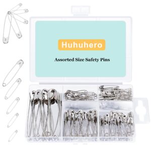 huhuhero safety pins assorted, 5 different sizes small and large safety pins, safety pins for clothes halloween costume pins sewing, nickel plated steel pin bulk, arts and crafts supplies (sliver)