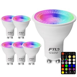 ftl gu10 led bulbs color changing light bulbs with remote control, dimmable 2700k-6000k rgb colored light bulbs 5w 40w equivalent, 30 colors, timer, spotlight for track lighting, 6-pack