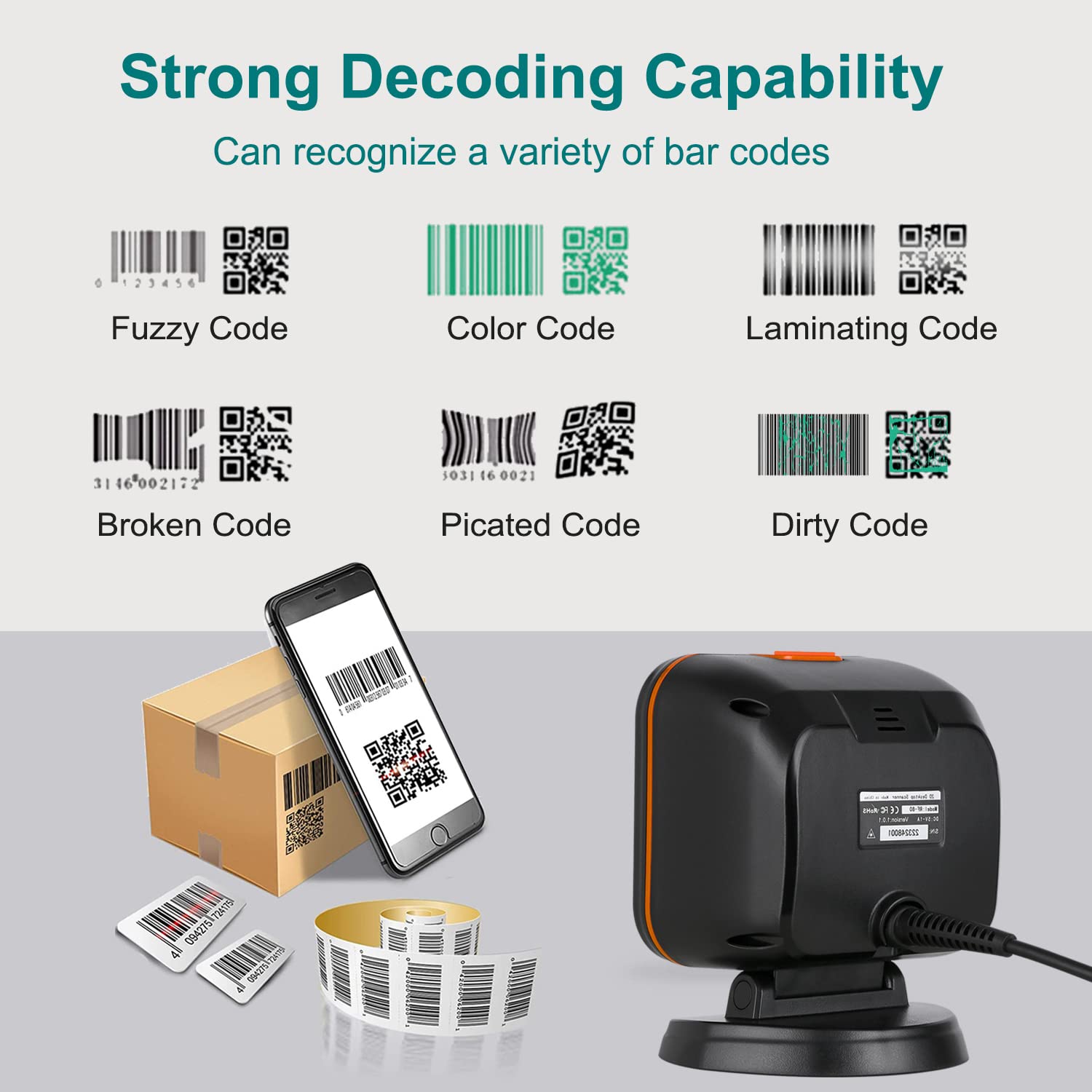 OBZ 1D 2D Desktop Barcode Scanner, QR Code Scanner USB Wired Hands-Free Barcode Scanner Omnidirectional Automatic Cash Register Scanner with Large Scan Window for POS PC, Store, Supermarket