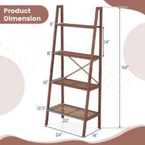 Giantex 4-Tier Bamboo Bookshelf, Indoor Free Standing Plant Stand Display Rack w/Anti-Tipping Device, Corner Bamboo Ladder Shelf for Small Space, Living Room, Kitchen, Bedroom, Office, Walnut