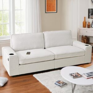 HALLYBEE 88.6" White Couch, Modern Sofa with USB Charging Ports Cup Holders, Loveseat Sofa with 2 Extra Deep Seat Removable Sofa Cushion, Comfy Couch for Living Room, Apartment Bedroom, Linen