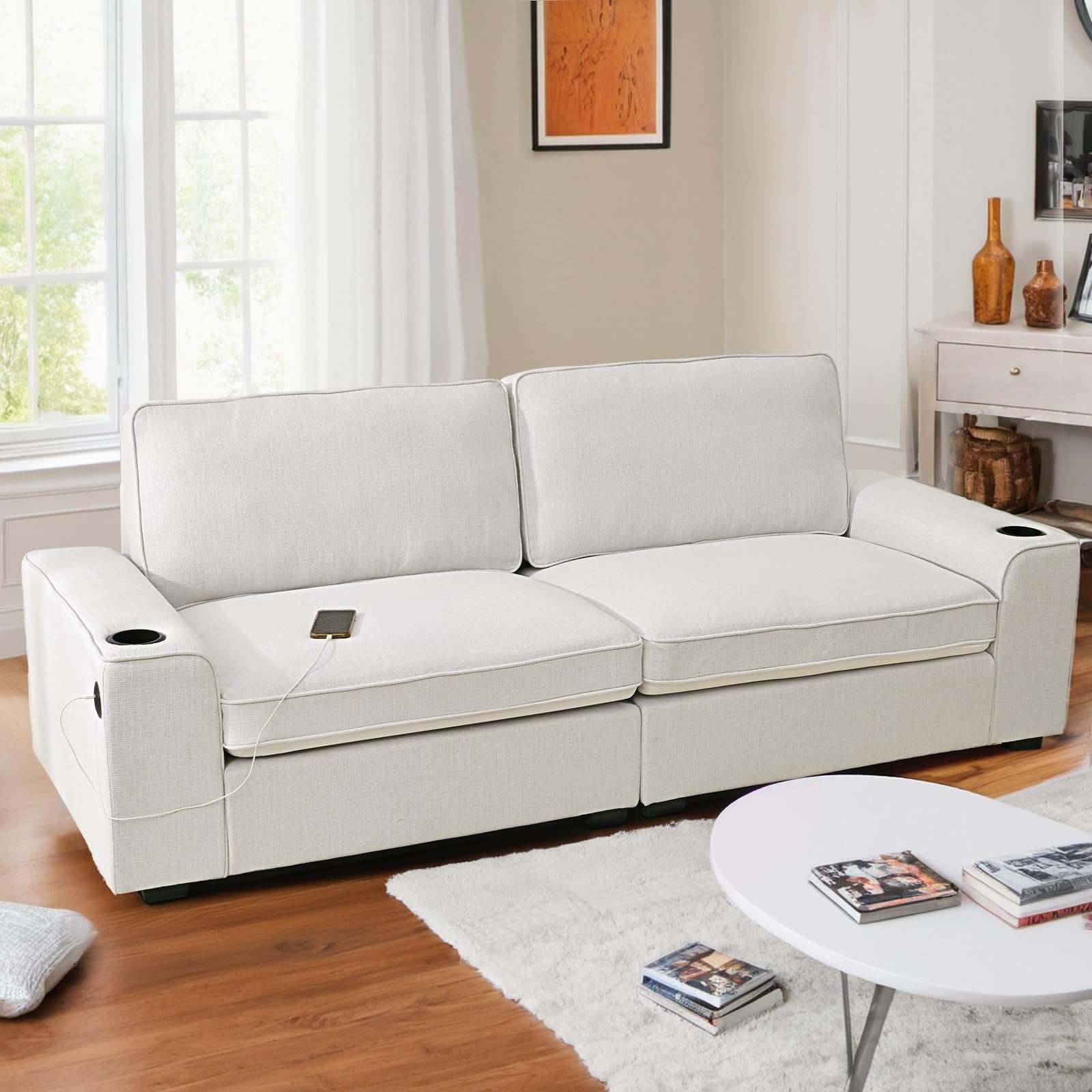 HALLYBEE 88.6" White Couch, Modern Sofa with USB Charging Ports Cup Holders, Loveseat Sofa with 2 Extra Deep Seat Removable Sofa Cushion, Comfy Couch for Living Room, Apartment Bedroom, Linen