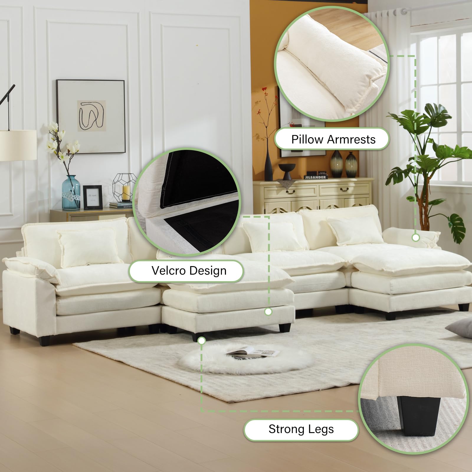 VUYUYU 154" Oversized Modern U Shaped Sectional Sofa with Convertible Chaise, Chenille Fabric Comfy Cloud Couch Deep Sectional Sofa with Ottomans for Living Room (Beige White, U-Shaped)