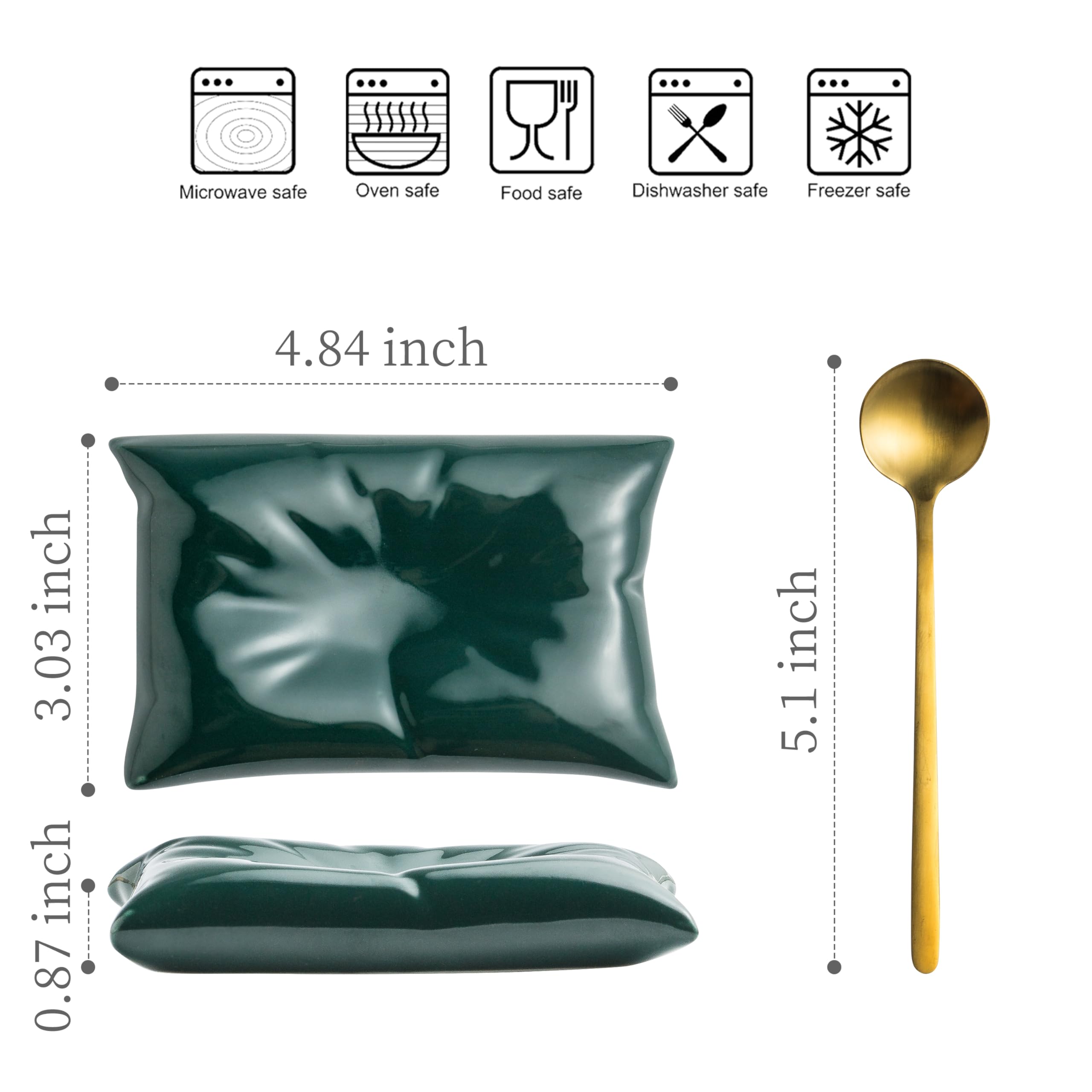 Cormomu Coffee Spoon Rest with Spoon, Ceramic Coffee Holder for Stirring Spoon, Teaspoon, Mini Porcelain Coffee Bar Accessories, Pillow Shape Small Spoon Rest, Green + Gold Spoon