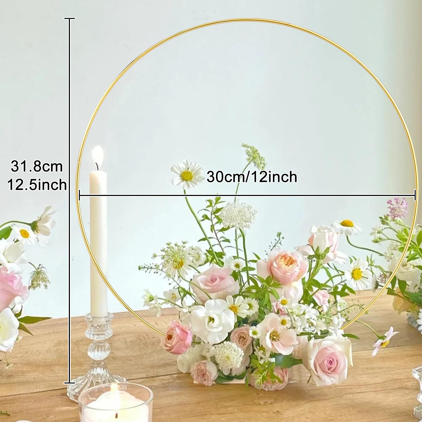 Hviiso 12 PCS 12 Inch Floral Hoop Centerpiece Table Decorations - Gold Wedding Party Centerpieces with Natural Wood Base, Metal Wreath Ring Stand for Balloon and Flower Decoration