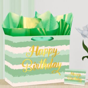 Woosytoo Large Birthday Gift Bag, Sage Green Birthday Gift Bag with Greeting Card Tissue Paper Happy Birthday Gift Bags Christmas Wrapping Paper Bags for Baby Shower Girls Boys Birthday Party Decor