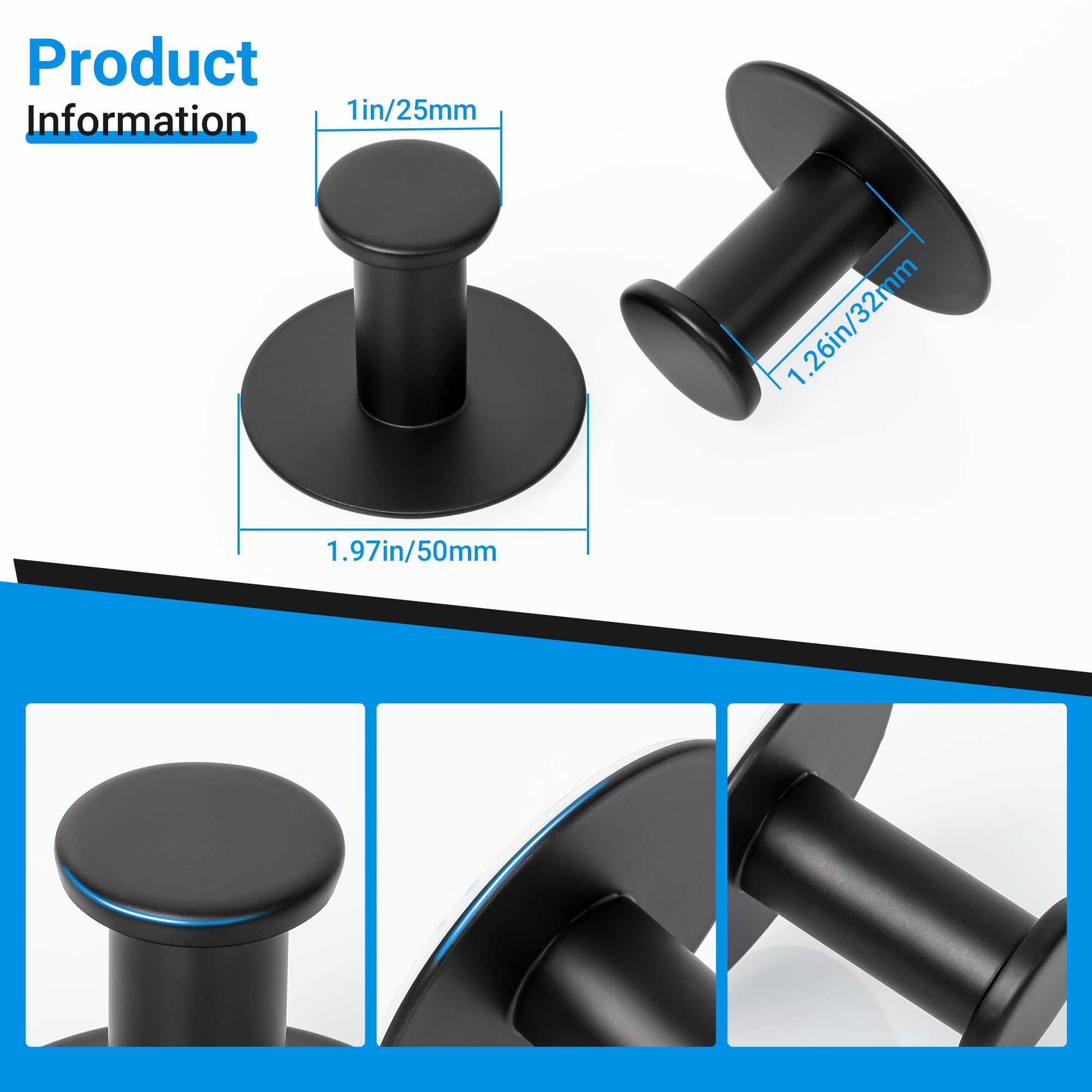 SAYAYO Self Adhesive Hooks for Hanging, Coat Hooks Wall Mount Matte Black Towel Hook for Bathrooms, Stick on Hooks SUS304 Stainless Steel, 4pcs