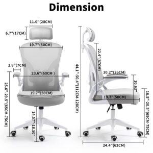 Office Chair, High Back Ergonomic Desk Chair, Thicken Large Seat, Adjustable Headrest and Lumbar Support, Comfy Computer Chair with Padded Flip-up Armrests, Swivel Task Chair, Tilt Function (Grey)