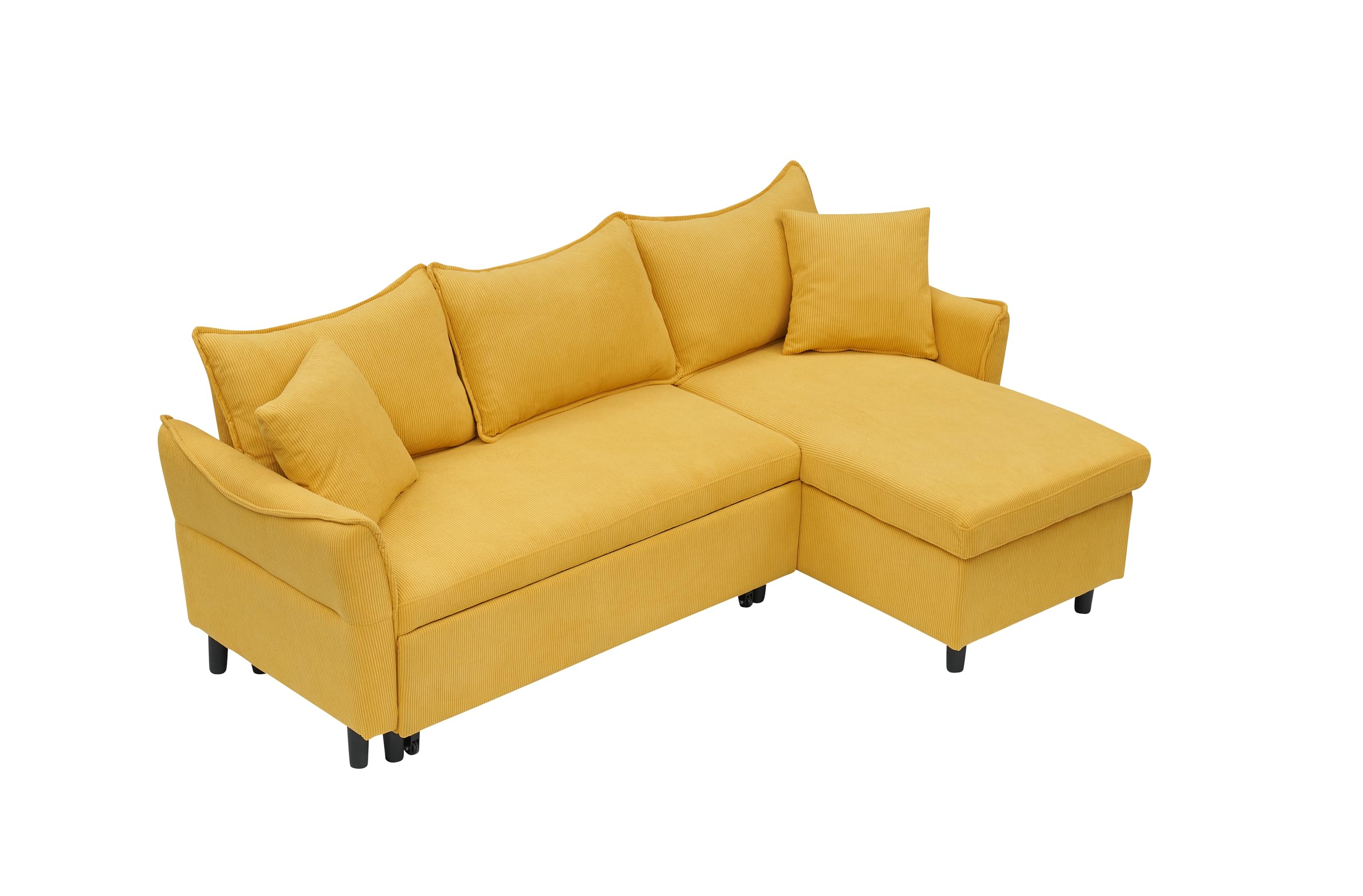 SmartEdge 80'' Convertible Sleeper Sectional Couch 3 Seater Reversible L Shaped Sleeper Sofa with Storage Chaise, Comfy Corduroy Upholstered Corner Sofa Couches for Living Room, Yellow