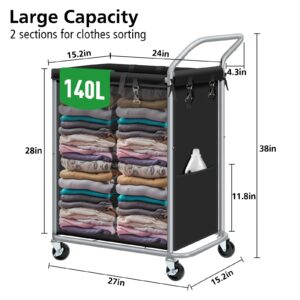 Laundry Basket with Wheels, 2-Section Rolling Laundry Hamper with Removable Liner, 37 Gallons (140L) Laundry Sorter Cart, Blanket Storage Organizer with Sturdy Metal Frame(Black)