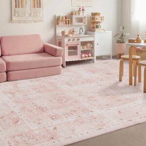 Light Pink Rug 5x7 for Living Room,Machine Washable Girls Room Rug for Nursery Bedroom,Blush Pink Super Soft Faux Wool Boho Floral Carpet 5 by 7