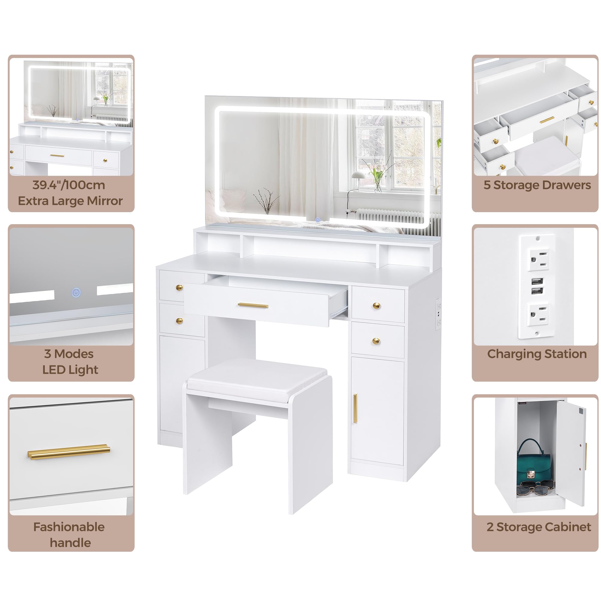 ANWBROAD Vanity Desk Set with Large LED Lighted Mirror Power Outlet Makeup Vanity Table 3 Color Lighting Modes Dressing Table with 5 Drawers and 2 Cabinets Cushioned Stool for Bedroom, White UBDT57W