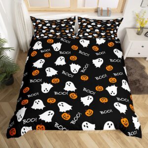 white ghost bedding set,pumpkin lantern comforter cover set for teens women room decor,cartoon halloween duvet cover breathable black white orange bedspread cover full size