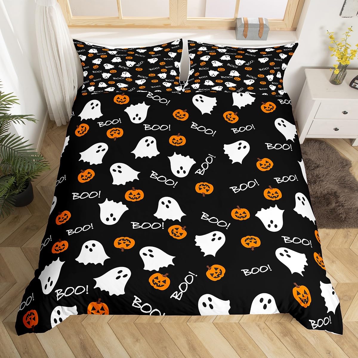 White Ghost Bedding Set,Pumpkin Lantern Comforter Cover Set for Teens Women Room Decor,Cartoon Halloween Duvet Cover Breathable Black White Orange Bedspread Cover Full Size