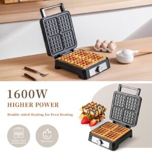 UVFAST Waffles Maker Waffle Iron, 4 Belgian Square Waffle Maker, Belgian Waffle Maker Thick Pancake Maker with Non-stick Plate, Breakfast Waffle Machine Make Waffle in Minutes, 3 Browning Level, 1600W