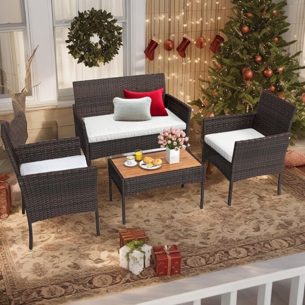 YITAHOME 4-Piece Patio Bistro Set, All-Weather Outdoor Patio Furniture Rattan Wicker Loveseat Conversation Set with Wooden Side Table and Soft Cushions, Brown+Beige