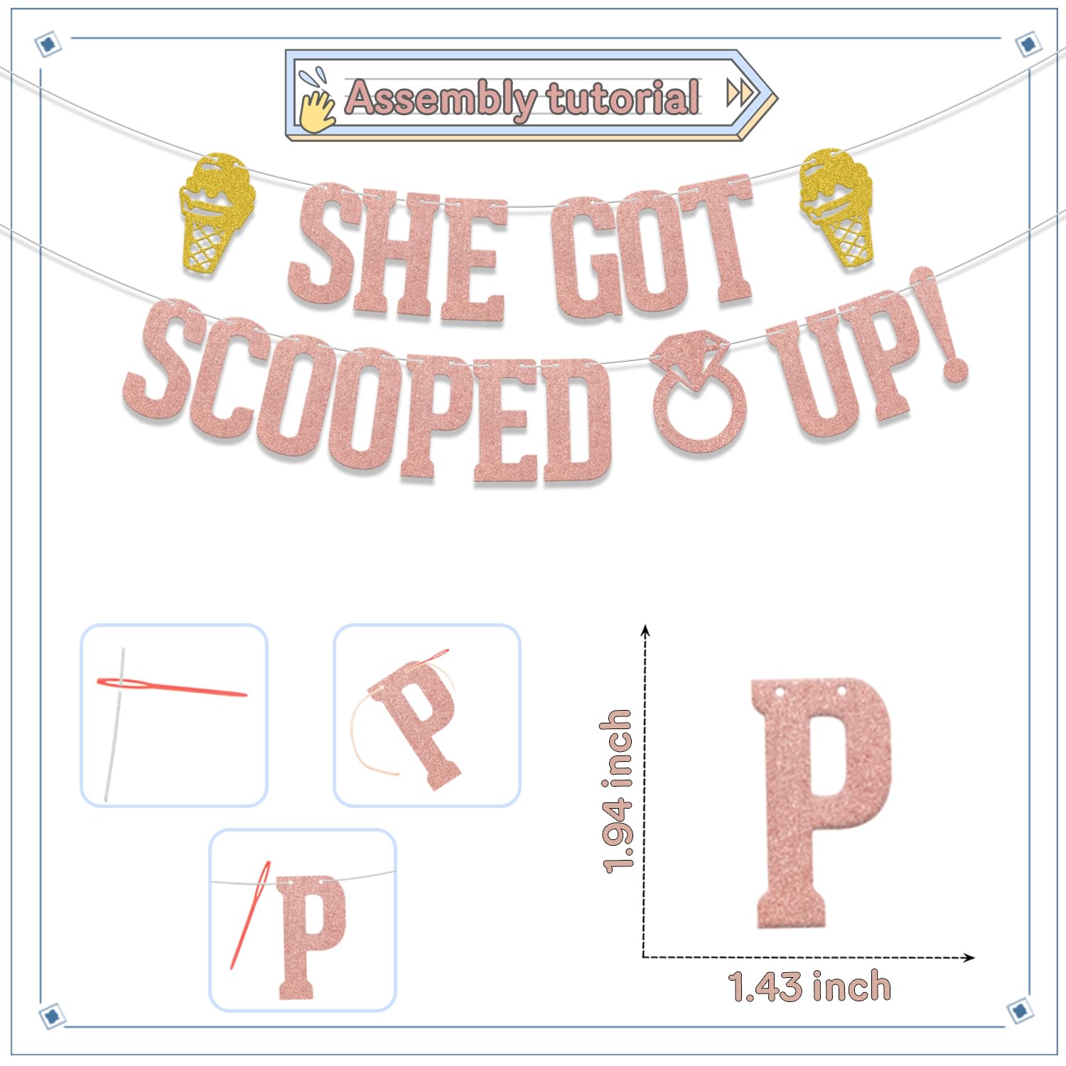 KEWUFD She Got Sco*ped Up Banner, Funny Bridal Shower Party Decoration for Women, Summer Theme Bachelorette/Bridal Shower/Engagement/Wedding Party Rose Gold Glitter