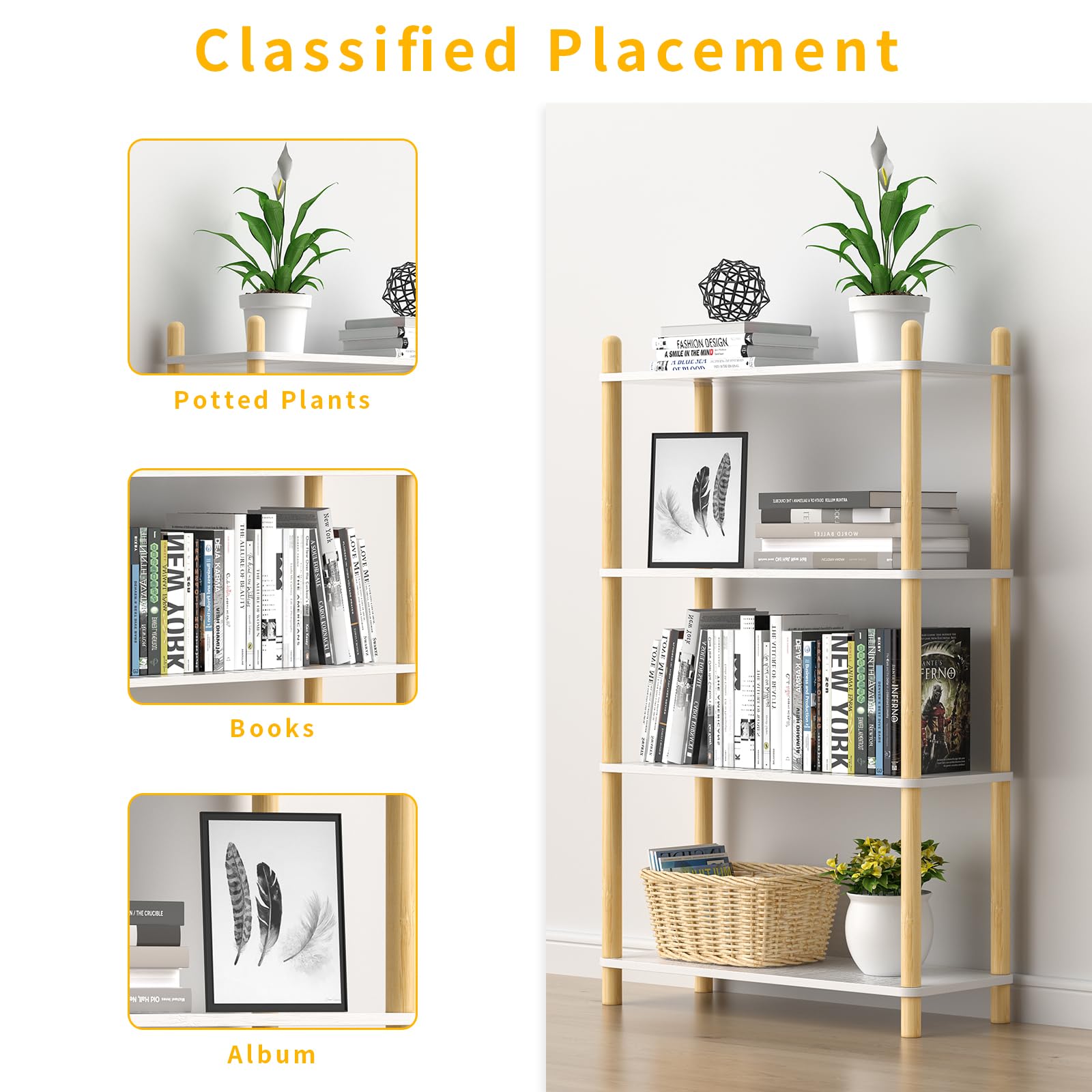 FASTSPOK 4-Tier Wooden Bookcase - Modern Freestanding Bookshelf, Multifunctional Display Shelf for Home and Office, White, Rectangular Design