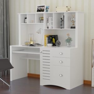 JOYSOURCE 59" Computer Desk with Hutch, 2-Tier Shelves, Keyboard Tray, 3 Drawers, White - Large Home Office Desk for Gaming, Writing, Study Workstation