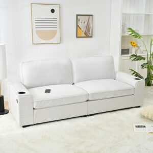 HALLYBEE 88.6" White Couch, Modern Sofa with USB Charging Ports Cup Holders, Loveseat Sofa with 2 Extra Deep Seat Removable Sofa Cushion, Comfy Couch for Living Room, Apartment Bedroom, Linen